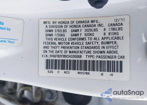2012 Honda Civic Ex from USA, damaged, VIN 2HGFB2F89CH326068
